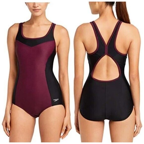 Speedo Women's Swimsuit Black Purple One Piece Fly Back Racerback Pool Beach XL - Picture 1 of 6